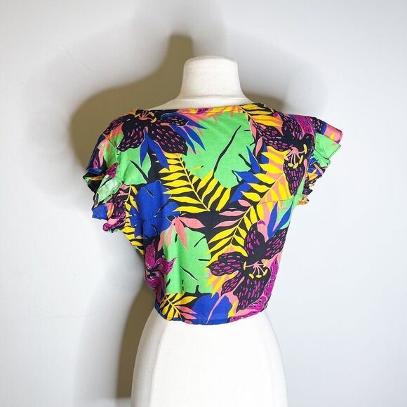 Vintage 80s XS Crop Top Tie Front Blouse Tropical Hibiscus Monstera Colorful - Picture 13 of 16